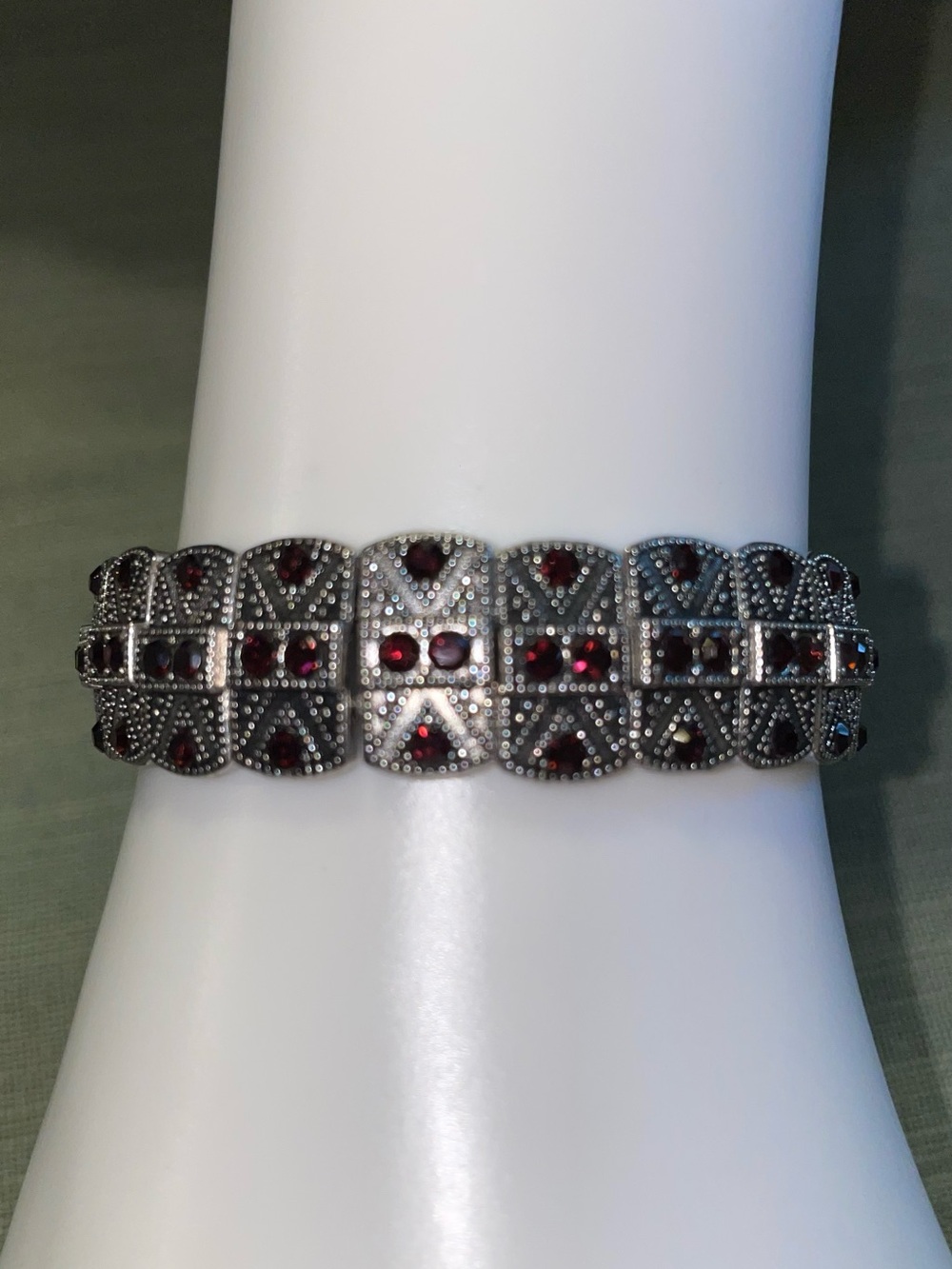 Vintage Stainless Steel Link Bracelet with Red Garnet Stones